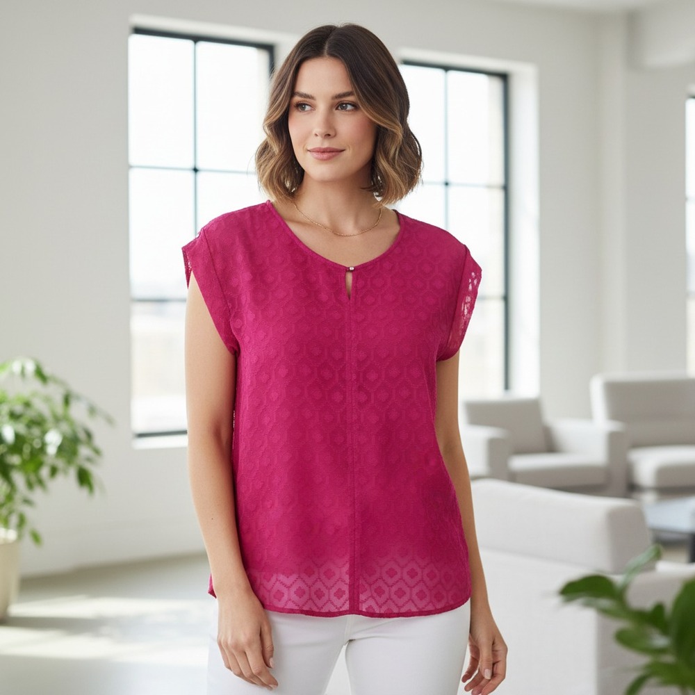 Liz Claiborne Top Womens‎ Hot Pink Sheer Diamond SS Keyhole Barbie Boho Size M